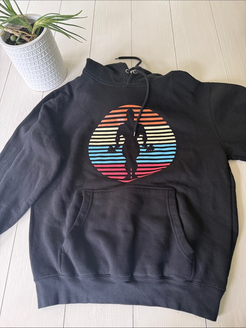 Gold’s Gym Black Pullover Hoodie with Retro Striped Barbell lifter Graphic